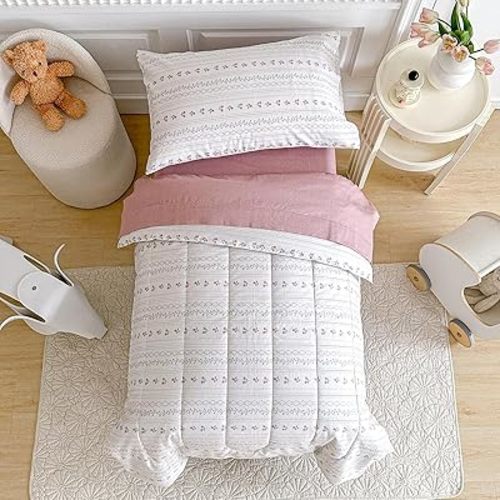 Joyreap 4 Piece Cotton Toddler Bedding Set for Girls, Flower Stripes Boho Design, Soft Breathable Cotton Toddler Comforter Set, Includes Quilted Comforter, Fitted Sheet, Top Sheet, and Pillow Case