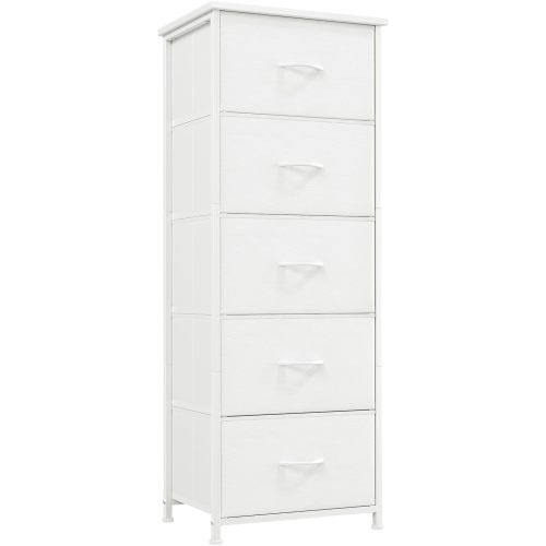Somdot Tall Dresser for Bedroom with 5 Drawers, Storage Organizer Chest of Drawers with Removable Fabric Bins for Closet Bedside Nursery Laundry Living Room Entryway Hallway, White Leather