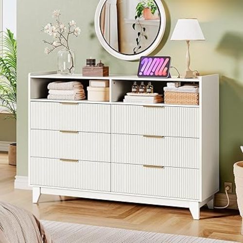 Fluted 6 Drawer Dresser for Bedroom, White Wooden Chest of Drawer with Charging Station, Dresser TV Stand, Double Wooden Drawer Organizer for Bedroom, Living Room, Hallway, White