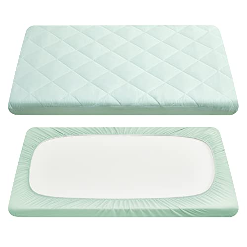 TILLYOU Cloudy Soft Pack N Play Sheets Fitted Quilted, Breathable Thick Play Yard Playpen Sheets, 39"x27" Fits Mini/Portable Crib Mattress, Sage Green