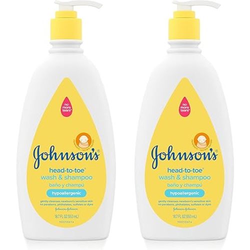 Johnson's Baby Head-To-Toe Gentle Baby Body Wash & Shampoo, Tear-Free, Sulfate-Free & Hypoallergenic Bath Wash & Shampoo for Sensitive Baby Skin, Washes Away 99.9% Of Germs, 2 Pack, 18 fl. Oz