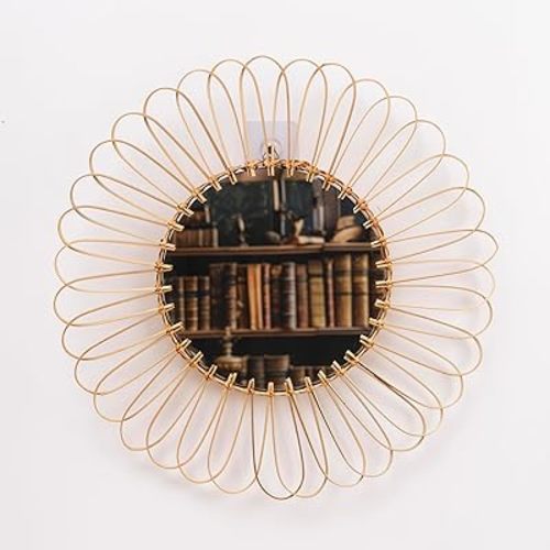Bamboo Wall Mounted Mirror | Flower Wicker Rattan Decorative Mirrors for Living Room Bedroom Nursery Room Office (17.7 Inches)