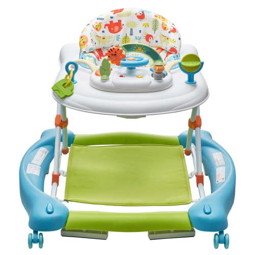 KFFKFF 4-in-1 Baby Walker, Compact Activity Hub with Wheels, Height Adjustable, Equipped with Music & Toy Tray, Transforms into Seated Learning | Push-Behind | Rocking | Bouncing Mode