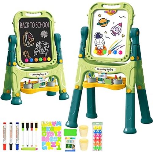 Amagoing Easel for Kids, Adjustable Standing Art Easel for Toddler, Double Magnetic Drawing Board with Painting Accessories, Birthday Christmas Gift for Little Boys and Girls, Middle Size (Green)