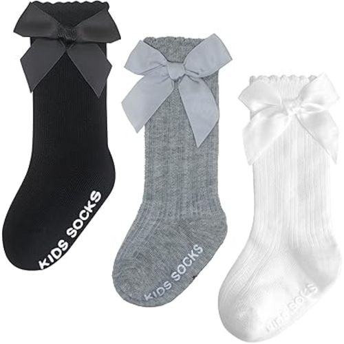 Baby Knee High Socks Girl Non Slip Toddler Stockings Cotton Bow Ruffle Newborn Long Socks Infant Dress Sock 0-6M/6-12M/1-3Y