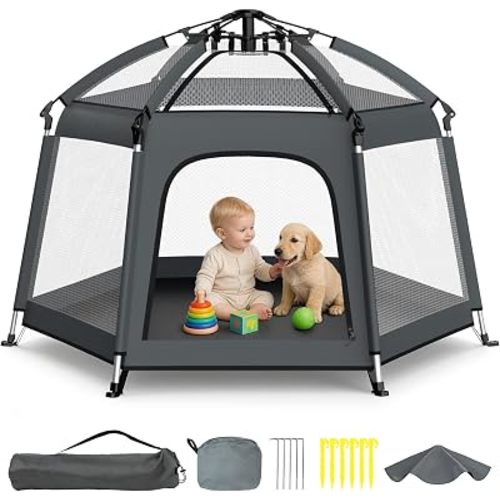 Foldable Baby Playpen with Canopy: Durable 450D Oxford & Aluminum, Gray