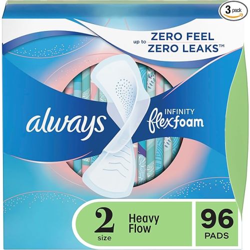 Always Infinity Feminine Pads for Women, Size 2, Heavy Flow Absorbency, with Wings, Unscented 96 Count (3 Packs of 32)