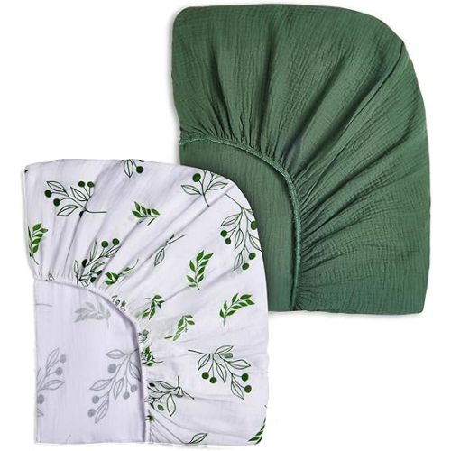 Lilian&Gema Muslin Crib Sheets, 2 Pack Cotton Sheets Fitted for Standard Crib Mattress 52"x28", Soft and Breathable Green Crib Sheets for Baby Girls and Boys