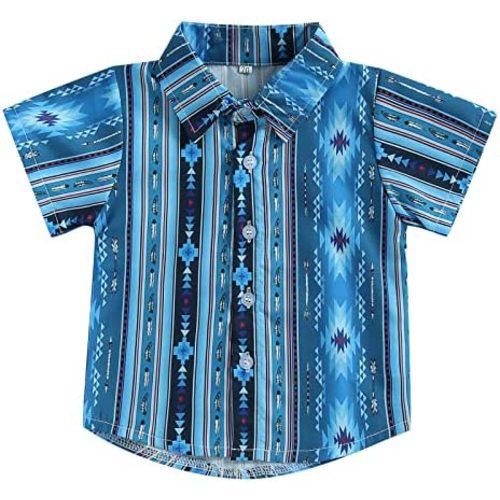 Western Baby Boy Clothes Cow Print Short Sleeve Button Down Shirt Lapel Neck T-Shirt Toddler Cowboy Summer Tops