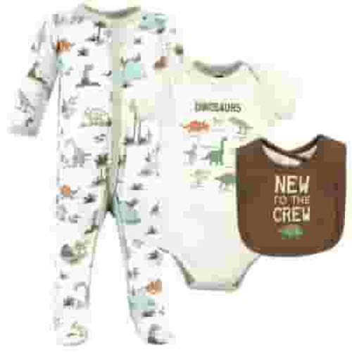 Hudson Baby Infant Boy Cotton Sleep and Play, Bodysuit and Bandana Bib Set, Dinosaur Adventures, 3-6 Months