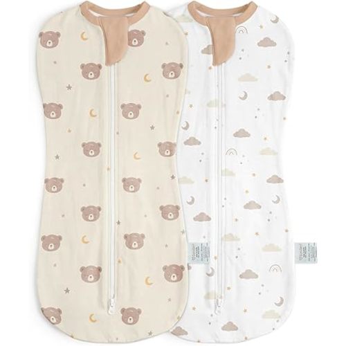 Baby Swaddle 0-2 Months, Cotton Arm-In Zipper Sleep Sack, Wearable Blankets Wrap for Newborn Infant Girls, Boys (Bear, Star Moon, Pack of 2)