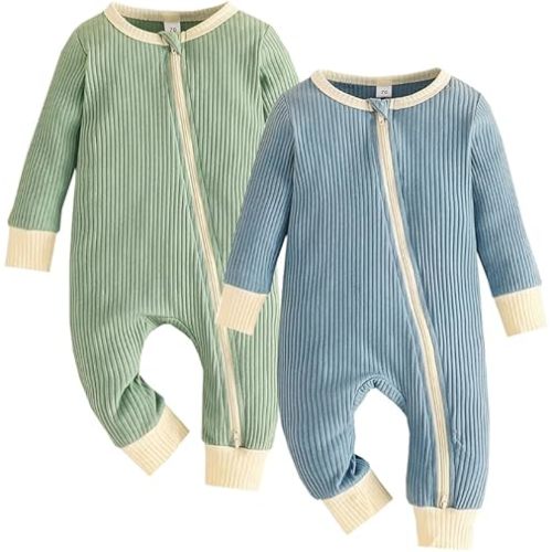 Bafeicao Unisex Baby Boy Girl 2 Pack Rompers Long Sleeve Two Way Zipper Romper One Piece Jumpsuits Clothes Sets