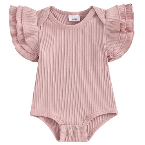 Mubineo Baby Girl Summer Clothes Basic Plain Ruffle Short Sleeve Romper Bodysuit Newborn Rib Knit Tops Clothes