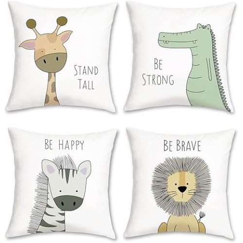 Bonhause Kids Animals Throw Pillow Covers 18x18 Inch Set of 4 Giraffe Lion Zebra Crocodile Pillows Soft Velvet Cushion Covers for Baby Room Kids Bedroom Decor