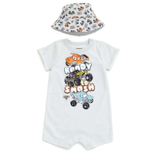 Monster Jam Grave Digger El Toro Loco Megalodon Romper and Bucket Sun Hat Outfit Set Newborn to Toddler