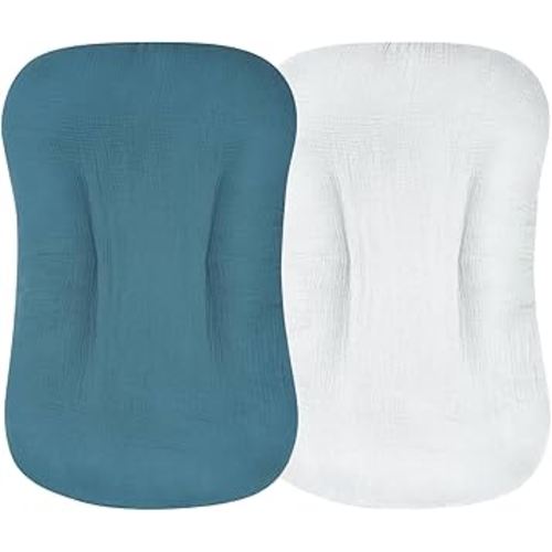 Muslin Baby Lounger Cover, 2 Pack Soft and Breathable Organic Cotton Newborn Lounger Slipcover for Boys Girls (Blue, Gray)