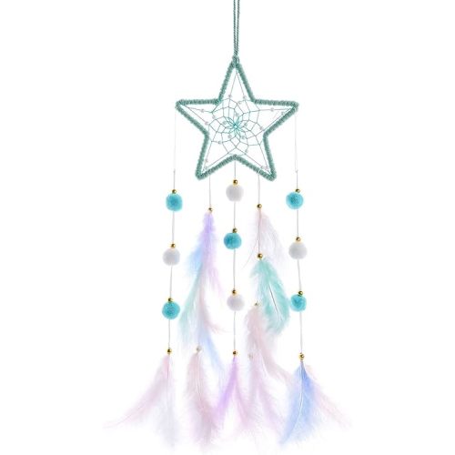 Pretty Jolly Green Star Kids Dream Catcher Wall Decor Pompom Feather Baby Dreamcatcher Handmade Children Dream Catcher Home Décor Wall Hanging for Nursery Bedroom Boys Girls Birthday Gift-25.6in
