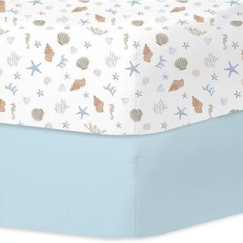 Little Grape Land Crib Sheets for Boys Girls, 2 Pack Crib Sheets Fitted Size 28"x 52" for Standard Crib and Toddler Mattresses, Soft Breathable Microfiber, Seashell/Dusty Blue