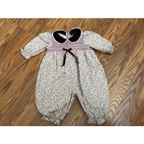 Vintage Baby Girls Burgundy Flowered Smocked Romper Size 3-6 months