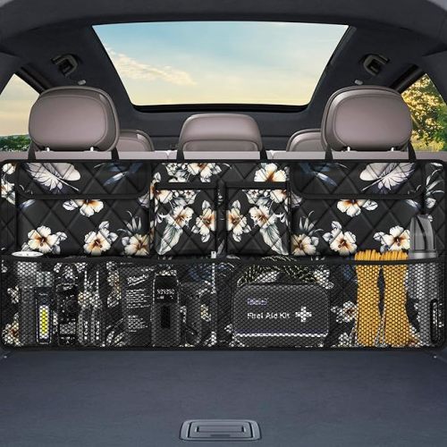 Car Trunk Organizer, Large Capacity Backseat Trunk Organizer (42"*18"), Collapsible Car Storage Bag with 8 Pockets - Hibiscus