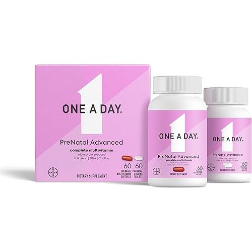ONE A DAY Women’s Prenatal Advanced Complete Multivitamin with Brain Support* with Choline, Folic Acid, Omega-3 DHA & Iron for Pre, During & Post Pregnancy, 60+60 Ct (120 Total) (Packaging May Vary)