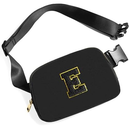 Belt Bag Fanny Pack Crossbody Bags with Initial Letter Patch Birthday Gifts Cute Stuff for Teenager Girls Trendy Preppy Stuff for Teen Girls Cool Stuff for Teens (Black-E)