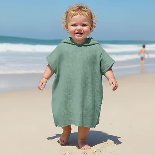Frienda Muslin Hooded Beach Towel for Kids 22 x 26 Inch Soft Muslin Bath Poncho for Baby Green Absorbent Fast Drying Blankets for Boys Girls Newborns Toddler Beach Pool Bath Essentials