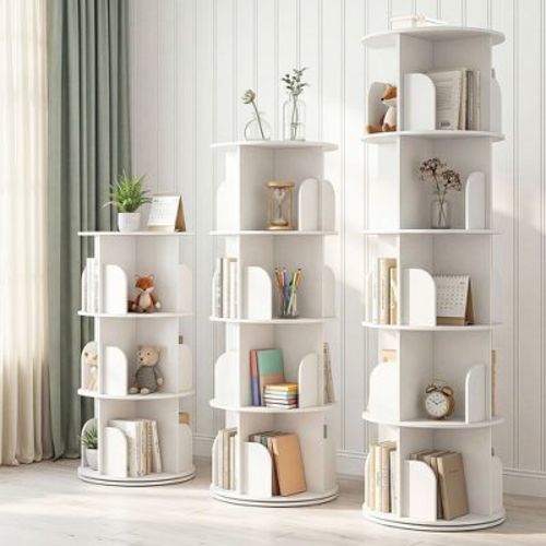 4 Tier Rotating Bookshelf, 360° Spinning Freestanding Bookcase, White Storage Organizer for Bedroom, Living Room