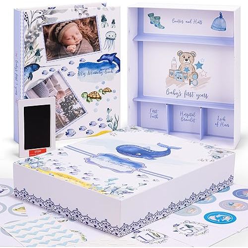 My Memory Book with Keepsake Box, Baby Milestone Stickers, Photo Corners & Footprint Kit, Under the Sea Design - Baby First Five Years