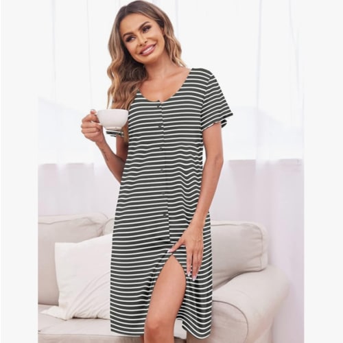Ekouaer Women's Nightshirt Short Sleeve Button Down Nightgown V-Neck Sleepwear Pajama Dress