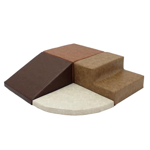 FDP Rustic Western Toddler Playtime Corner Climber, Distressed Faux Hide Leather, Indoor Active Play Structure for Toddlers and Kids, Safe Soft Foam for Crawling and Sliding (4-Piece Set), 11619-DA