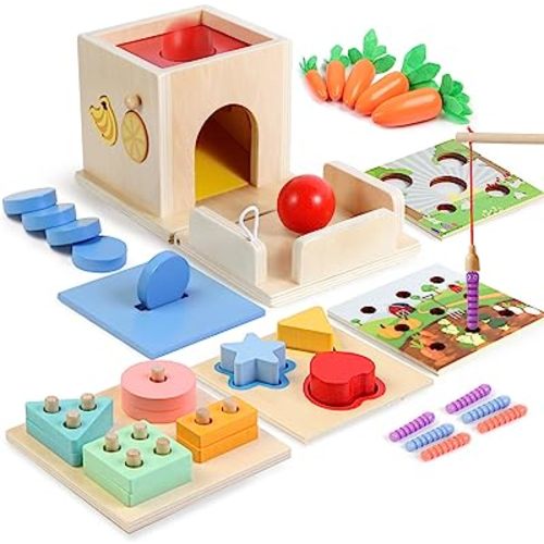 Asweets 8 in 1 Montessori Toys for 1 Year Old Includes Object Permanence Box,Montessori Coin Box,Carrot Harvest Game,Matchstick Color Drop Game,Ball Drop Learning Toys for 6-12 Months