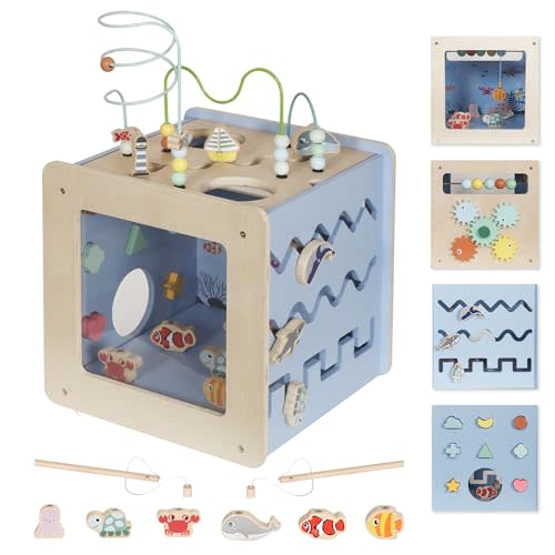 Wooden Activity Cube with Bead Maze, 7-in-1 Montessori Toys for 1+ Year Old Boys&Girls,Kids Educational Learning Toys for Toddlers Age 1-2,Under The Sea Adventure Cube with Fishing Game&Shape Sorter