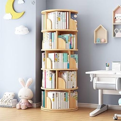 Rotating Bookshelf Tower, 4/5 Tier Circular Bookshelf for Kids&Adults, 18 in Wood 360° Floor Standing Book Storage Rack, Spinning Bookshelf Tower for Classroom Playroom Study Bedroom (Wood color, 1-5)