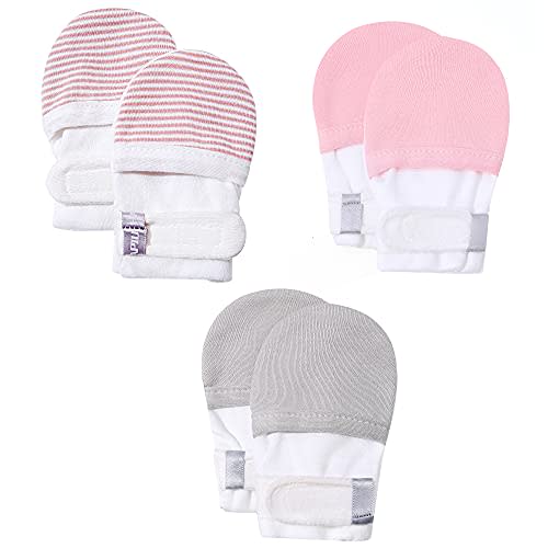 HAPIU Baby No Scratch Mittens Stay On, 100% Cotton Breathable, Adjustable Infant Gloves for Boys Girls, Newborn - 12 M