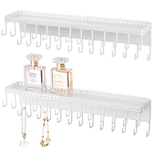MyGift White Metal Wall-Mounted Jewelry Hanging Shelf with 26 Necklace Hooks, Set of 2