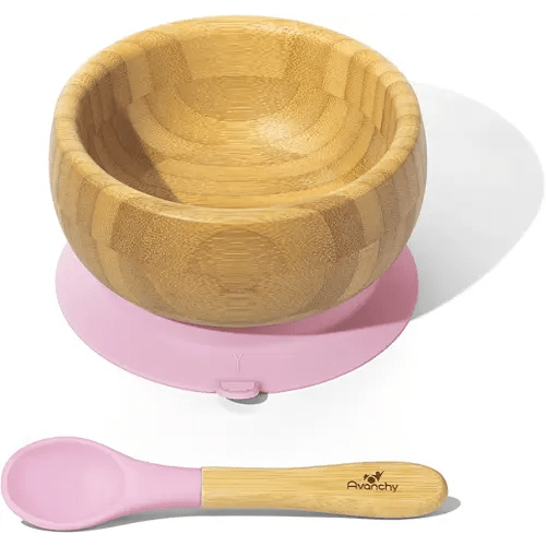 Avanchy Baby Bowls with Suction. Food Set for Babies Kids Toddler Boys Girl + Travel Baby Silicone Spoon. Fits Feeding High Chair Table, Pink