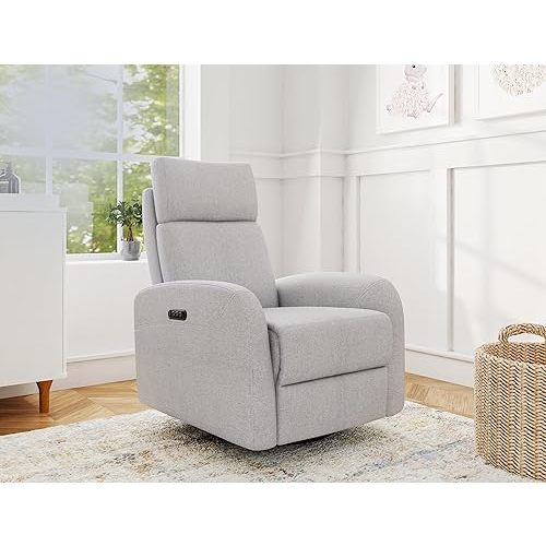 Serena Triple Power Glider Recliner, Upholstered Fabric Rocking Glider, Full Recline Mechanism, Accessible USB Charging Port, Nursery Rocking Chair for Breastfeeding, Napping, Maternity Grey