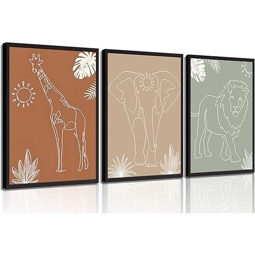 3Pcs Safari Nursery Wall Art Jungle Animals Canvas Paintings Elephant Giraffe Lion Wall Decor Boho Baby Safari Posters Prints for Kids Boys and Girls Room Bedroom Pictures Unframed