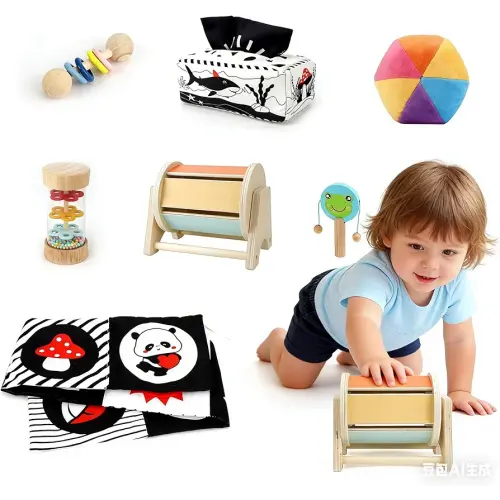 Montessori Toys 7 in 1 Learning Educational Set Newborn Toys, Rainbow Ball, Baby Black and White Books, Tissue Box Toy, Spinning Drum, Rattle Toy