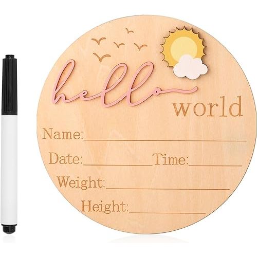 Baby Announcement Sign, 5.83 Inch Wooden Hello World Newborn Sign Cute Welcome Birth Name Plaques Board for Girl Boy Baby Shower Hospital Nursery Photo Prop (Pink)