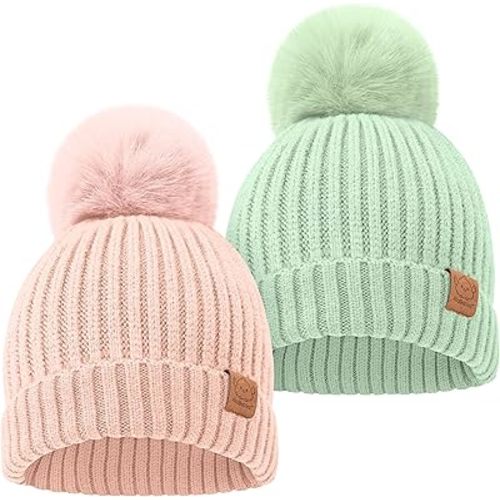 2-Pack Baby Hats for Girls, Boys - Stretchy Baby Beanies, Cute Newborn & Toddler Winter Hat, Soft & Warm Pom Pom Beanie for Infant, Toddler, Boys, Girls 6-36 Months (Macaron, M)