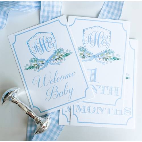 Boy's Watercolor Monogram Crest Milestone Set | Monthly Cards | Baby Shower Gift | Milestone Cards | Watercolor Boy's Crest