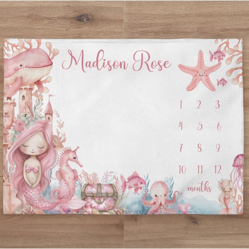Mermaid Milestone Blanket Personalized Baby Girl Month Blanket Ocean Nursery Custom Newborn Age Calendar Tracker New Mom Baby Shower Gift