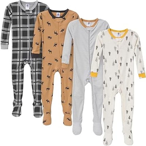 4-Pack Boys Safari Animals & Crab Snug Fit Footed Cotton Pajamas