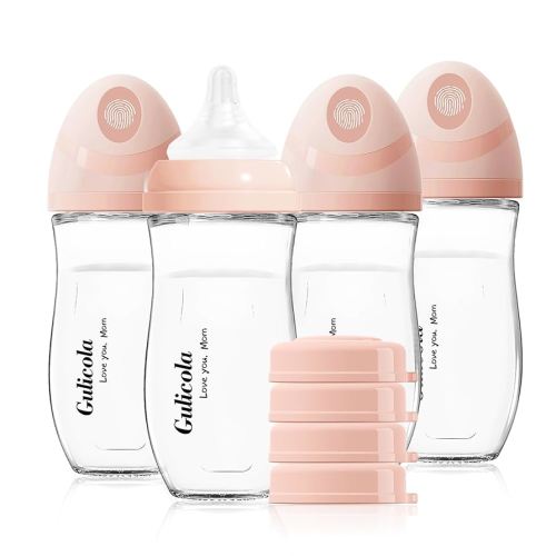Natural Glass Baby Bottle 8 oz for Breastfed Babies, Anti-Colic Baby Bottle Set with Medium Flow Nipple, 3 Months +, 4 Pack - Pink