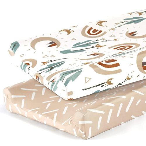 GRSSDER Stretch Ultra Soft Jersey Knit Changing Pad Cover Set 2 Pack, Change Table Pad Covers Fit 32"/34" x 16" Pads Safe and Snug, Stylish Cute Rainbow Print for Baby