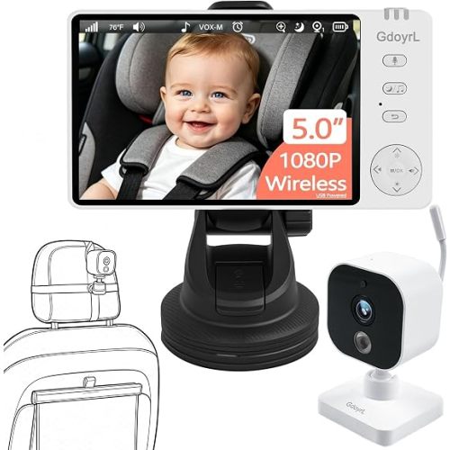 Wireless Baby Car Camera, 1080P HD IR Auto Night Vision, 360° Rotating Rear Facing Baby Monitor, 5" Display 4X Zoom, USB Powered Backseat Camera with 8 Lullabies VOX Temp Alarm & Infant Feed Reminder