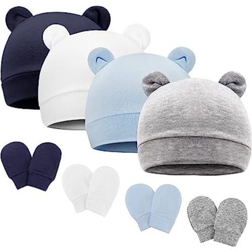 Newborn Baby Bear Ear Hat and Mitten Sets No Scratch Infant Cotton Beanie Gloves Newborn Hospital Hat for Boy Girl