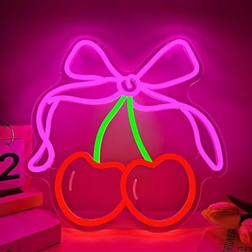 yyuyaoyao BowCherry Neon Sign for Wall Decor,Pink LED Neon Lights for Bedroom Home Dorm,Dimmable Bow Light Up Sign for Girl Bedroom Kids Room Shop Home Wedding Cherry Party Decorations